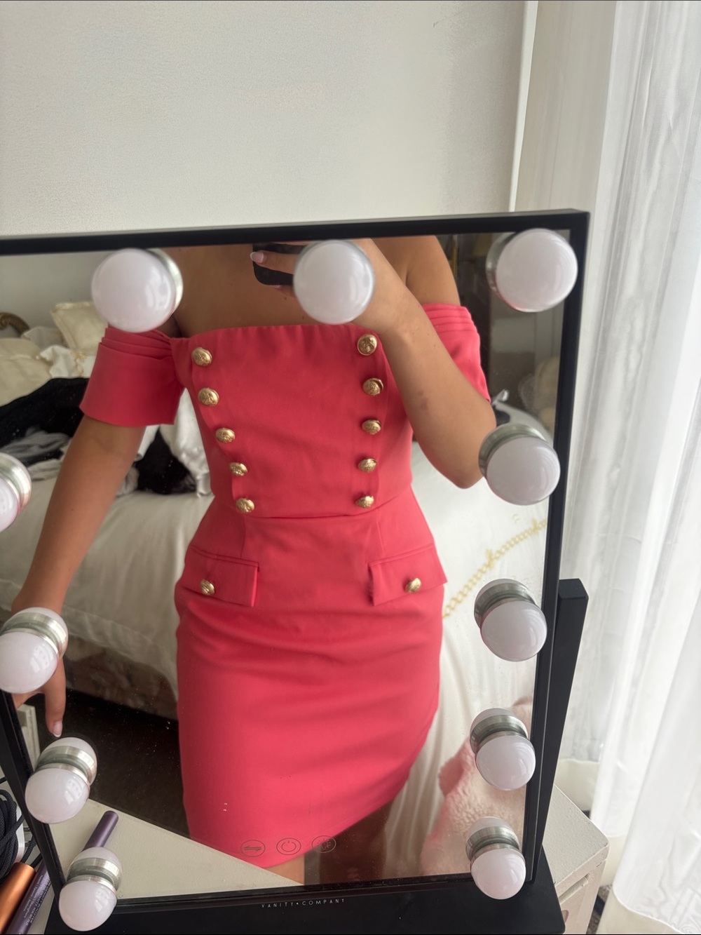 Off-Shoulder Coral Mini Dress with Gold Button Detail